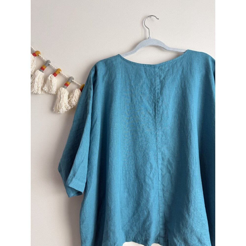 La Fixsun 100% Linen Asymmetric Half Sleeve Turquoise Top Lagenlook Coastal S - Picture 7 of 8